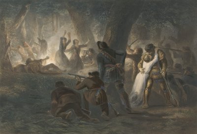 Deliverance of the Daughters of Daniel Boone og Richard Callaway, pub. 1852 (farvegravering) af Karl Bodmer