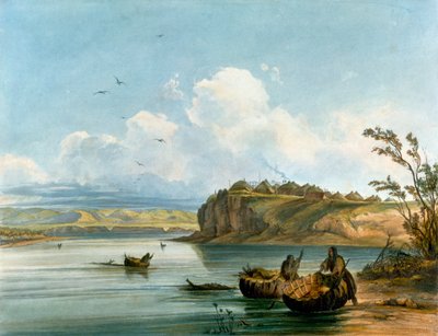 Mandan indianske kvinder krydser Missouri-floden på både lavet af bøffelhud, indiansk civilisation, USA af Karl Bodmer