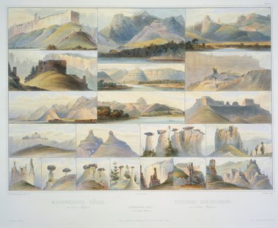 Remarkable Hills on the Upper Missouri, graveret af F. Salathe, udgivet i 1839 (akvatint) af Karl Bodmer