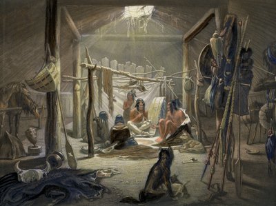 Det indre af en hytte af en Mandan-høvding, plade 19 fra bind 2 af Travels in the Interior of North America, indgraveret af Narcisse Desmadryl, 1844 farvet akvatintedetalje af 103848 af Karl Bodmer