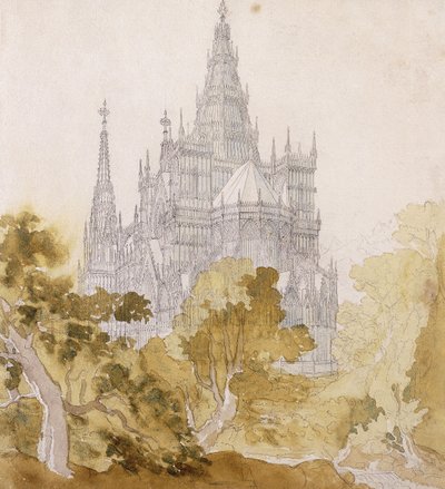 En gotisk katedral nær Bauman; En gotisk katedral bag træer, 1814-15 af Karl Friedrich Schinkel