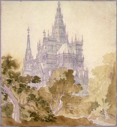 Et skovklædt landskab med en gotisk kirke (blyant, blæk og akvarel) af Karl Friedrich Schinkel