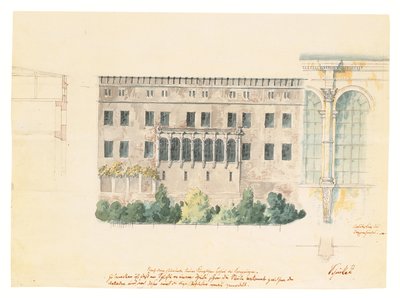 Et design til en ny trappeopgang til den nordlige facade af slottet ved Stettin, med en undersøgelse af loggiaen, et tværsnit af facaden, og en engageret pilaster, ca. 1840 (blyant, pen og blæk og af Karl Friedrich Schinkel