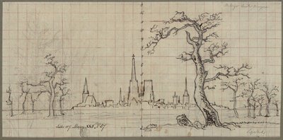 Udsigt over en by med en højt ragende katedral i et vinterlandskab af Karl Friedrich Schinkel