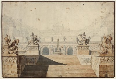 Armida. Opera af Christoph Willibald Gluck. Udkast til 1. dekoration. Palads med trappeanlæg af Karl Friedrich Schinkel