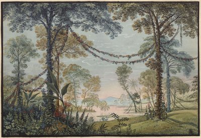 Armida. Opera af Christoph Willibald Gluck. Udkast til 3. dekoration. Lund prydet med guirlander ved en søbred af Karl Friedrich Schinkel