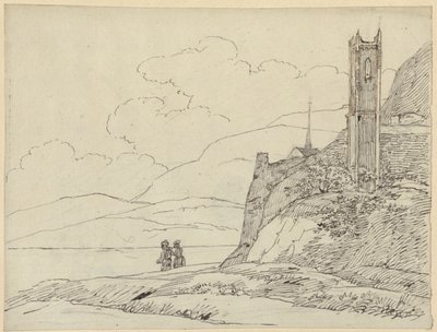 Bjerglandskab med tårnruiner og figurer af Karl Friedrich Schinkel
