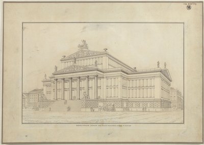 Berlin. Skuespilhuset på Gendarmenmarkt. Perspektivisk vue af forsiden af Karl Friedrich Schinkel