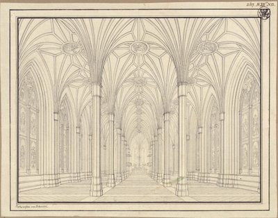 Berlin, Spittelmarkt. Udkast til Sankt Gertruds Kirke. Indre set gennem kirkeskibet mod koret af Karl Friedrich Schinkel