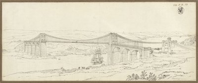 Udsigt til hængebroen over Menaistrædet nær Bangor i Wales af Karl Friedrich Schinkel