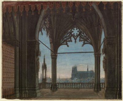 Jomfruen fra Orléans. Sørgespil af Friedrich Schiller. Udkast til den 8. dekoration. Gotisk hal med udsigt over Reims af Karl Friedrich Schinkel