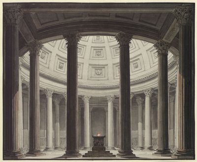 Vestalen. Opera af Gaspare Spontini. Udkast til 2. dekoration. Indblik i Vestas tempel af Karl Friedrich Schinkel