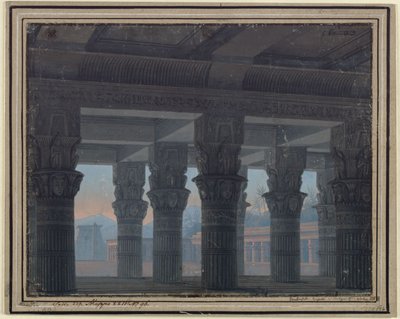 Tryllefløjten. Opera af Wolfgang Amadeus Mozart. Udkast til den 8. dekoration. Labyrintens forhal af Karl Friedrich Schinkel