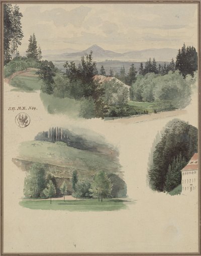 Tre landskabsstudier fra Marienbad i Tjekkiet af Karl Friedrich Schinkel