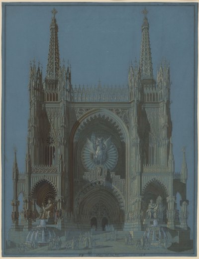 Facade på en gotisk katedral med to tårne af Karl Friedrich Schinkel