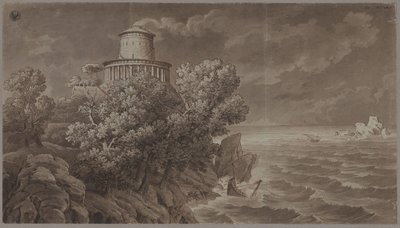 Klippekyst med et fyrtårn i antik stil i oprørt hav af Karl Friedrich Schinkel
