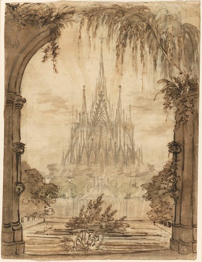 Gotisk katedral bag en dam med svaner af Karl Friedrich Schinkel