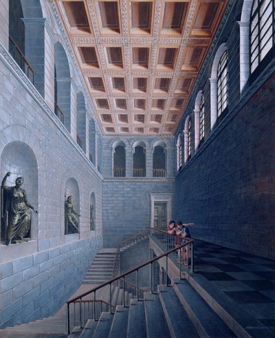 Indvendigt billede af en trappe, design til et slot i Koestritz, 1802-03 (pen & blæk og bc på papir) af Karl Friedrich Schinkel
