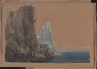 Kong Yngurd. Tragedie af Adolf Müllner. Udkast til den 4. dekoration. Tårn med Dødsporten ved havet af Karl Friedrich Schinkel
