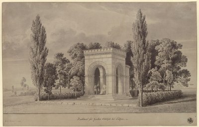 Lützen. Udkast til et monument for Sveriges kong Gustav 2. Adolf i form af en romansk hal over Svenskestenen med en tilføjet apsis. Ansicht af Karl Friedrich Schinkel