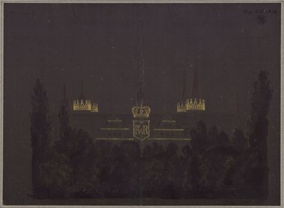 Merseburg. Slot. Udkast til illumination af slottet i anledning af hyldestfestlighederne for Frederik Vilhelm III af Preussen af Karl Friedrich Schinkel