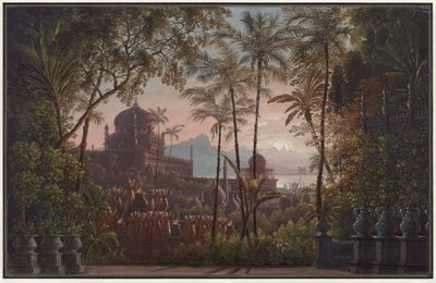 Nurmahal eller rosenfesten i Kashmir. Opera af Gaspare Spontini. Udkast til 1. dekoration. Paladshave med udsigt over Kashmir af Karl Friedrich Schinkel