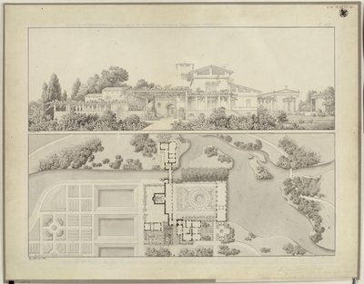 Potsdam-Sanssouci. Romerske bade ved Charlottenhof Slot. Set fra vest og grundplan af gartnerhuset af Karl Friedrich Schinkel