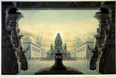 Teaterindretning: Indretning til operaen “La flute enchante (Die Zauberflote) af Wolfgang Amadeus Mozart, på en libretto af Emanuel Schikaneder. Tegning af Karl Schinkel (1781-1841) af Karl Friedrich Schinkel