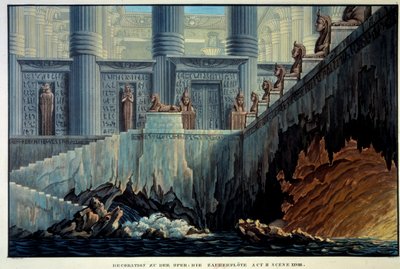 Teaterindretning til den fortryllende fløjte (Opera "" Die Zauberflote"" af Wolfgang Amadeus Mozart). Stik af Karl Schinkel (1781-1841) Ec. Alle. af Karl Friedrich Schinkel