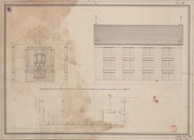Tillendorf (Bolesławice, regeringsdistriktet Liegnitz). Udkast til den evangeliske kirke. Grundplan, opstalt af sidefacaden og tværsnit af Karl Friedrich Schinkel