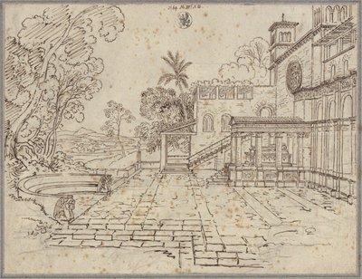 Forgård foran en kirke med et monument af Karl Friedrich Schinkel