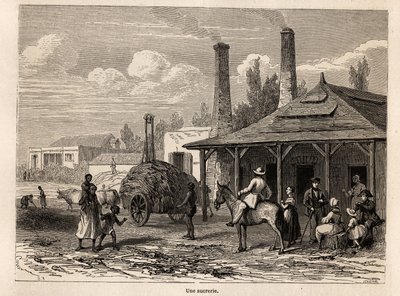En sukkerfabrik fra Riviere du Rempart på Mauritius, tegning af Karl Girardet (1813-1871), til illustration af Alfred Verneys ophold på Mauritius i 1861. Indgravering i "" Le tour du monde"", redigeret af Edouard Charton af Karl Girardet
