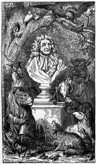 Allegorisk buste af Jean de La Fontaine, omgivet af dyr; frontispice til en bog med Fabler af la Fontaine af Karl Girardet