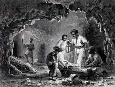 Arkæologiske opdagelser i hulerne i Samoun, gravering baseret på tegning af Karl Girardet (1813-1871) af Karl Girardet
