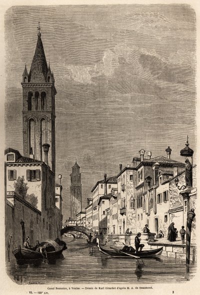 Rezonico-kanalen, tegning af Karl Girardet (1813-1871), for at illustrere Adalbert de Beaumonts rejse til Venedig, ca. 1850. Indgravering i "" Le tour du monde"", redigeret af Edouard Charton af Karl Girardet