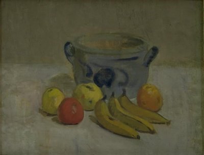 Stilleben med grå krukke, æbler og bananer af Karl Isakson