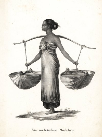 Malayisk pige med hår bundet med sneakers fra et åg. Litografi af Karl Joseph Brodtmann fra Heinrich Rudolf Schinz