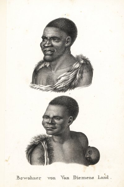 Indfødte fra Tasmanien, Van Diemens Land. Grou Aagara, mand med scarification på brystet og dyrehudkappe, og Arra-Maida, kvinde med barn på ryggen i kænguru-papoose. De Tasmanske indfødte blev udryddet af kolonister. Kopieret fra Nicolas Marti af Karl Joseph Brodtmann