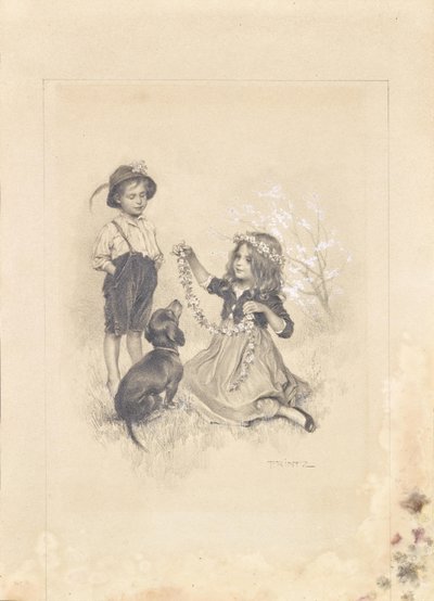 To børn leger på en eng med blomster og en gravhund. af Karl Ludwig Prinz