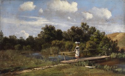 Sommerlandskab med en vaskeri på en bro af Karl Millner