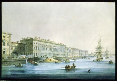 Udsigt over paladsdæmningen i St. Petersborg. Maleri af Karl Petrovich Beggrov (1799-1875). Akvarel og blæk på papir, ca. 1830, russisk kunst fra 1800-tallet, klassicisme. Statens russiske museum, Sankt Pet af Karl Pavlovich Beggrov