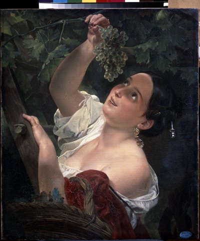 Italiensk middag (italiensk middag). Ung kvinde, bar skulder, plukker en klase druer - Maleri af Karl Pavlovich Briullov (Briullov) (1799-1852) - Olie på lærred af Karl Pavlovich Bryullov