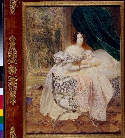 Portræt af Maria Butevena med sin datter Maria (Portræt af Maria Buteneva med datteren Maria) - Værk af Karl Pavlovich Briullov (Briullov) (1799-1852), akvarel på papir af Karl Pavlovich Bryullov