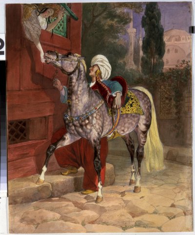 Mød i Konstantinopel (nu Istanbul, Tyrkiet). En ung mand i en turban bejler til en ung pige, der læner sig ud ad vinduet for at tilbyde sukker til sin hest. I baggrunden basilikaen og moskeen Saint Sophia. Kunstværk af Karl Pavlovich af Karl Pavlovich Bryullov