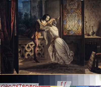 Romeo og Julie (Romeo og Julie). En mand klatrer op på en balkon for at finde en kvinde på et hemmeligt møde. Maleri af Karl Pavlovich Briullov (Bryullov) (1799-1852). Akvarel på pap, ca. 1830, 23,2 x 31,5 cm, russisk kunst af Karl Pavlovich Bryullov