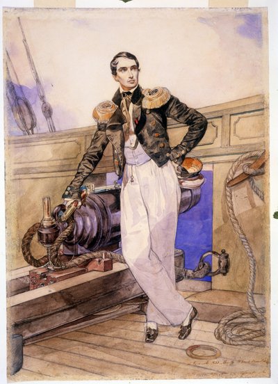 Vladimir Alekseevich Kornilov 1806-1854) ombord på briggen Themistocle. (Vladimir Alexeyevich Kornilov ombord på briggen Themistokles). Søofficer og stabschef for Sortehavsflåden, helten fra Krimkrigen (1853-1856), står af Karl Pavlovich Bryullov
