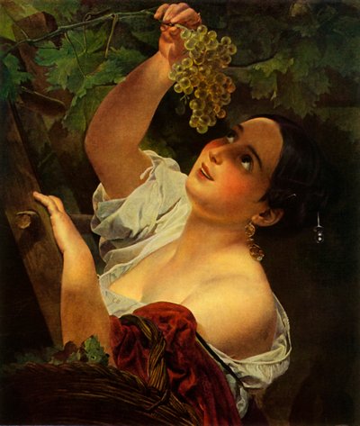 Italiensk middag, italiensk pige plukker druer af Karl Pavlovich Bryullov