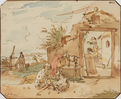 Landlig idyl, stuehus med geder, hund, hest ved brønd af Karl Pischinger