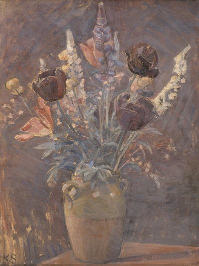 Lervase med tulipaner og andre blomster af Karl Schou af Karl Schou
