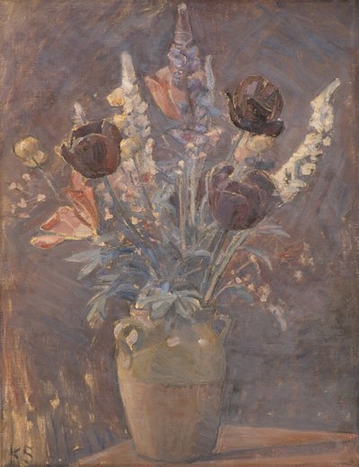 Lervase med tulipaner og andre blomster af Karl Schou